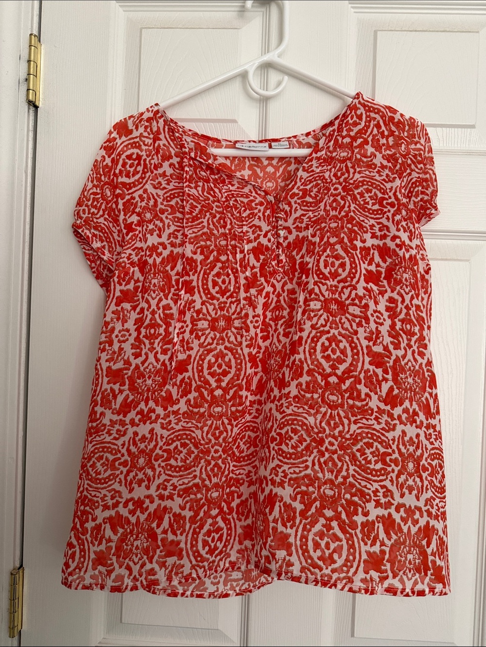 Women's Orange Patterned Short-Sleeve Blouse Flowy